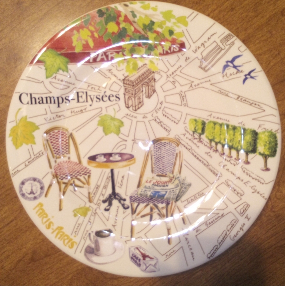 Gien France Set Dessert Plates- Paris Collection: Champs-Elysees And Tour Eiffel